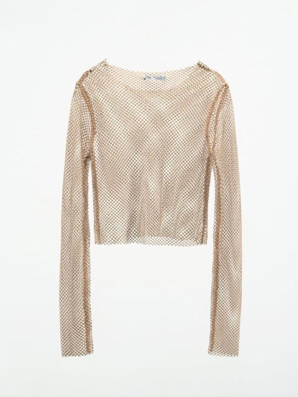 Sheer Metallic Mesh Long-Sleeve Crop Top with Gems